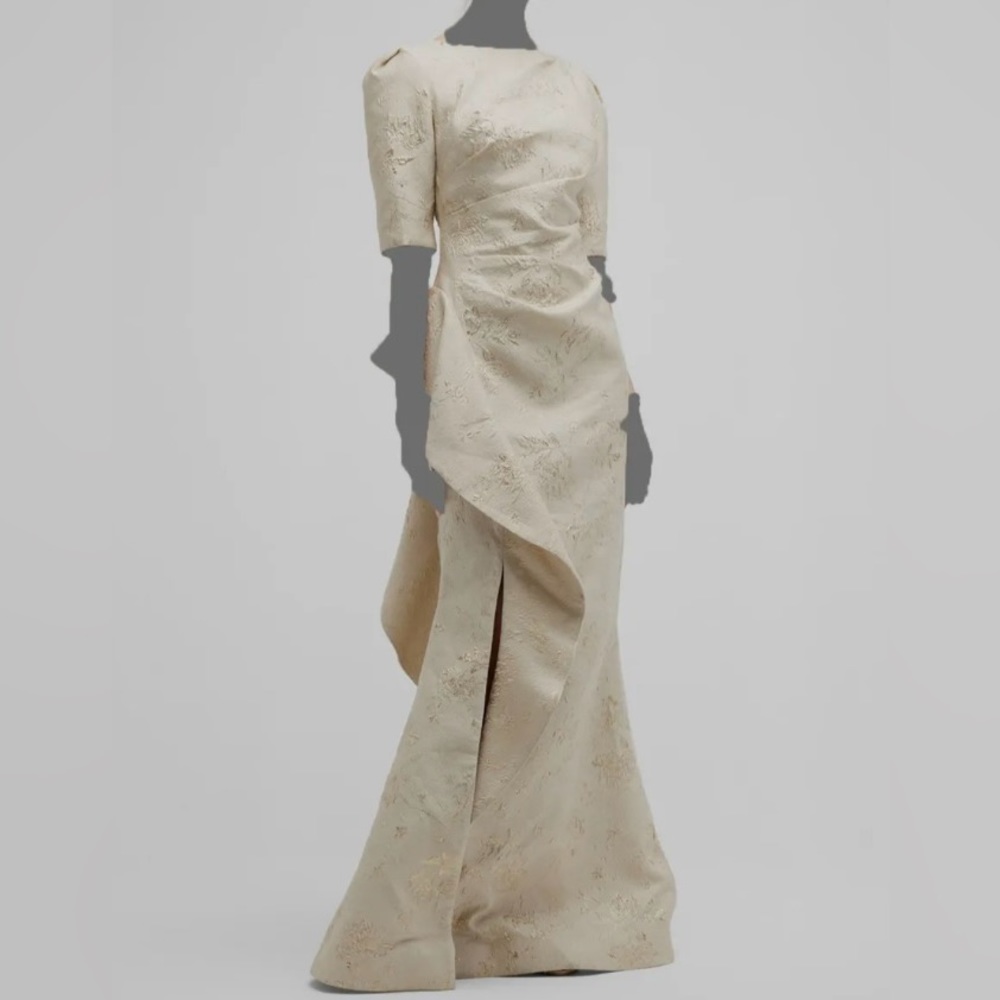 Neiman Marcus Mother of Bride Formal Gold Side Ruffle Trumpet Jacquard Gown sz 2 - Picture 2 of 13
